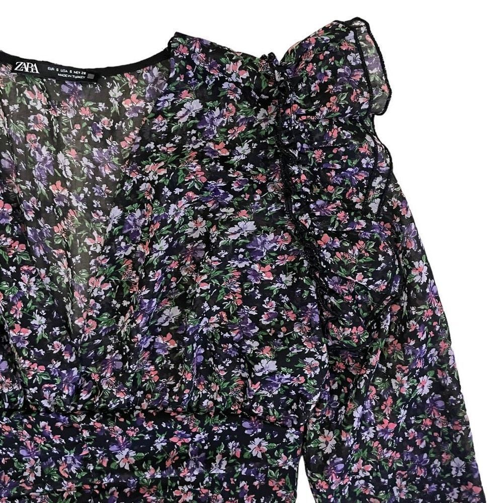 Zara Cropped Blouse Floral Long Sleeve Ruffle V Neck Small - Picture 3 of 7
